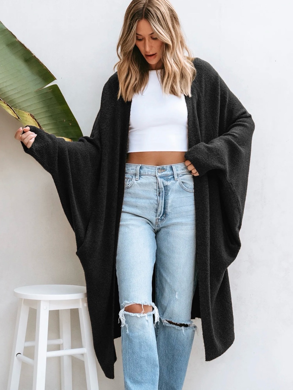 Cozy Black Open-Front Women's Cardigan Sweater